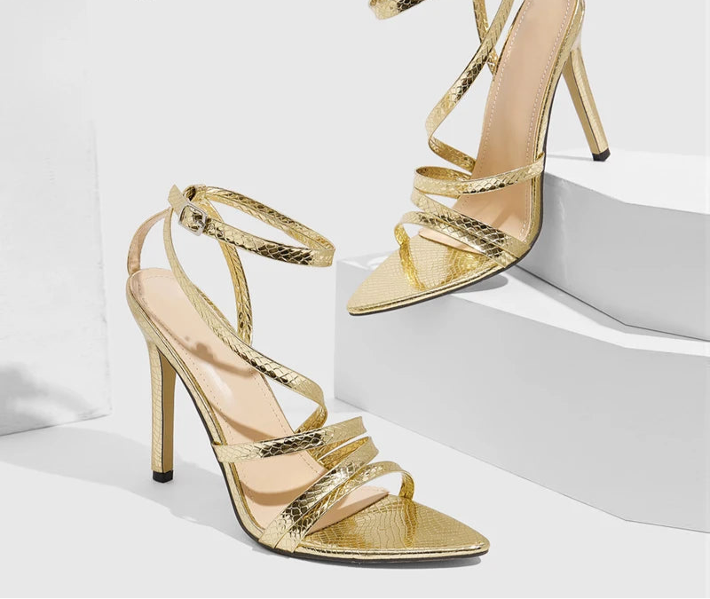 Ankle Buckle Strap pointed toe Golden high heel Sandals