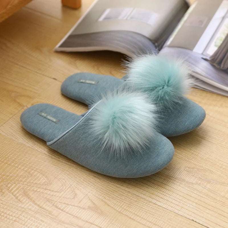 Plush Ball Warm Short Furry Women's Slippers green