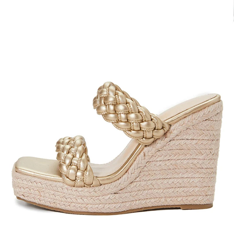 Braided strap Wedges Shoe Sandals Golden