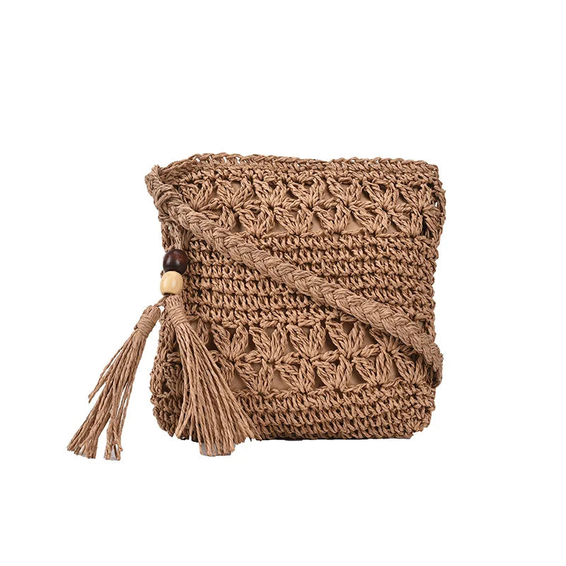 Bohemian Straw Kintted Tassel Handbag Khaki 21x1x18cm