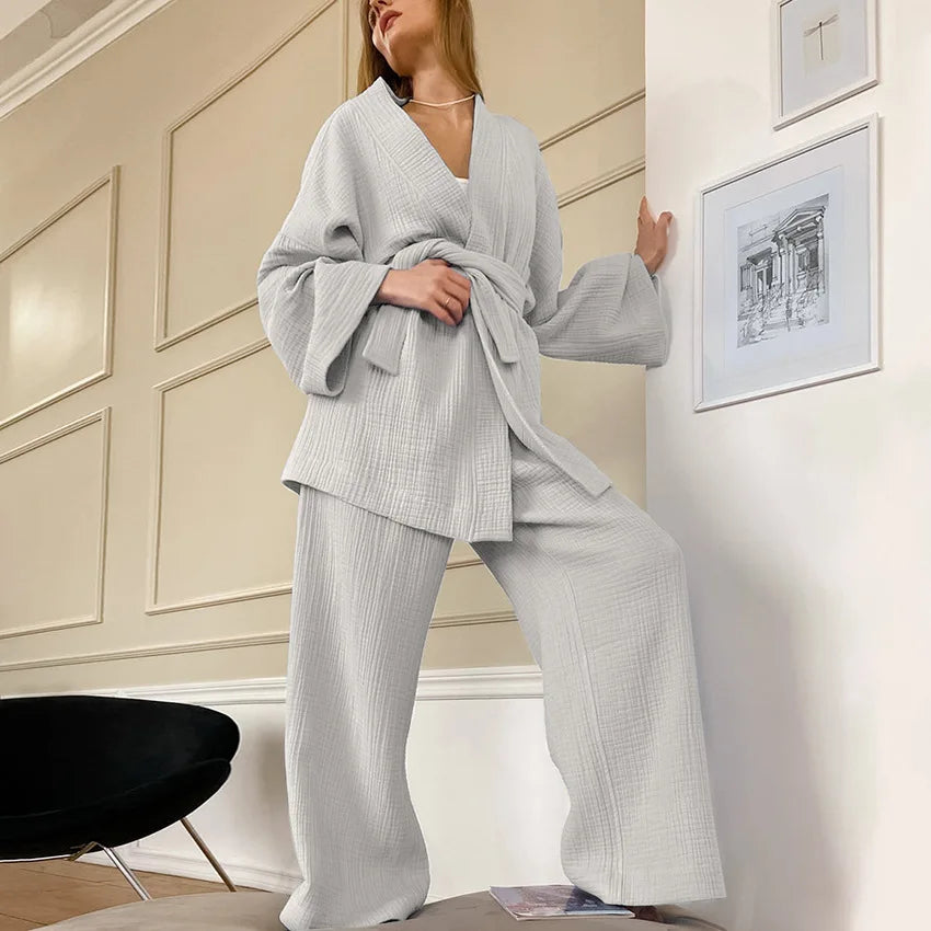 Long sleeve Kimono style cotton Pajamas Gray