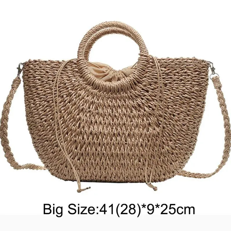 Women Beach Weaving Straw Bag Khaki addstrap L as picture