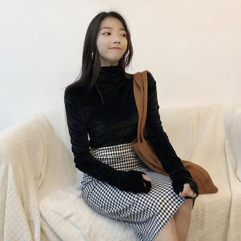 New Women Long Sleeve turtleneck velvety Top black