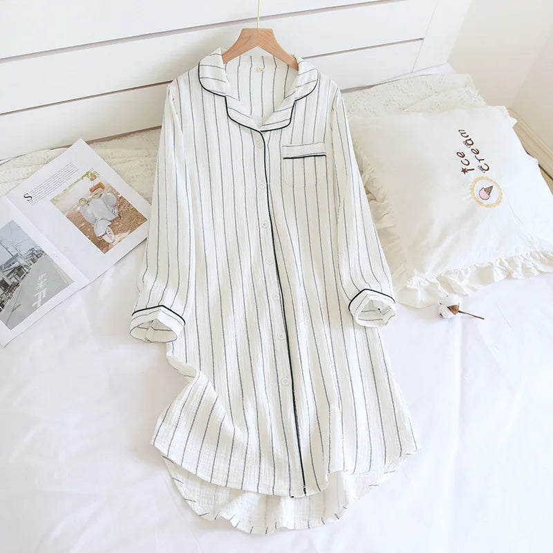 Cotton long-sleeved Nightgowns lounge pyjama dress White stripes