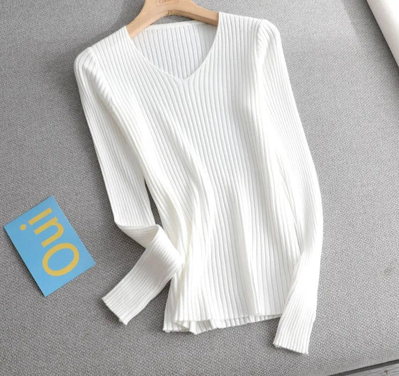 New Basic V-neck Solid Autumn Winter Sweater White One Size