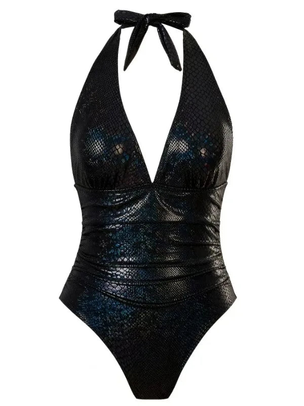 One Piece halter neck Snake Print black swimsuit