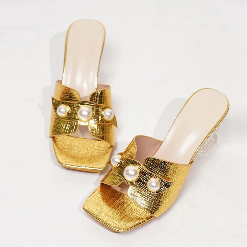 Fashion Chic faux half pearl gold Transparent high Heel shoes