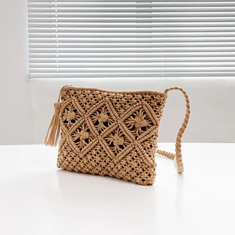 Summer Straw Tassel Beach Bag Khaki 26x3x20cm
