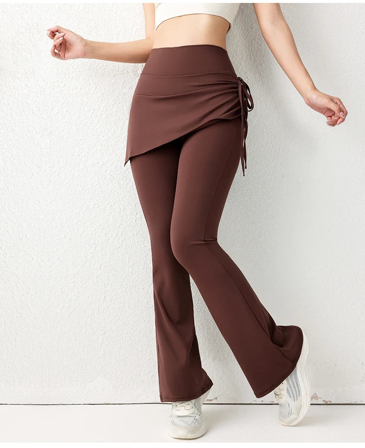 Semi Skirted Waisted Fitness Flared gym leggings Brown