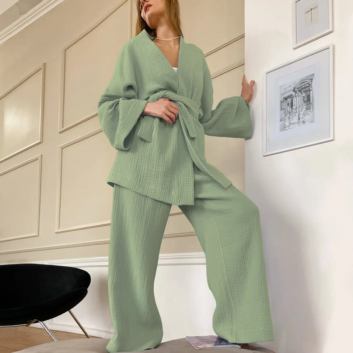 100% Cotton Women's Nightgown and flare bottoms Pajama Set Light Green