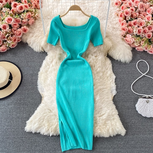 Square Collar Short Sleeve Knitted Dress Blue One Size