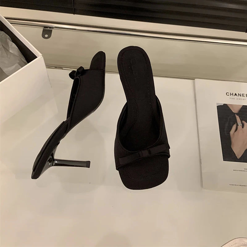 Bow-knot Kitten Heel Open Toe Sandals black