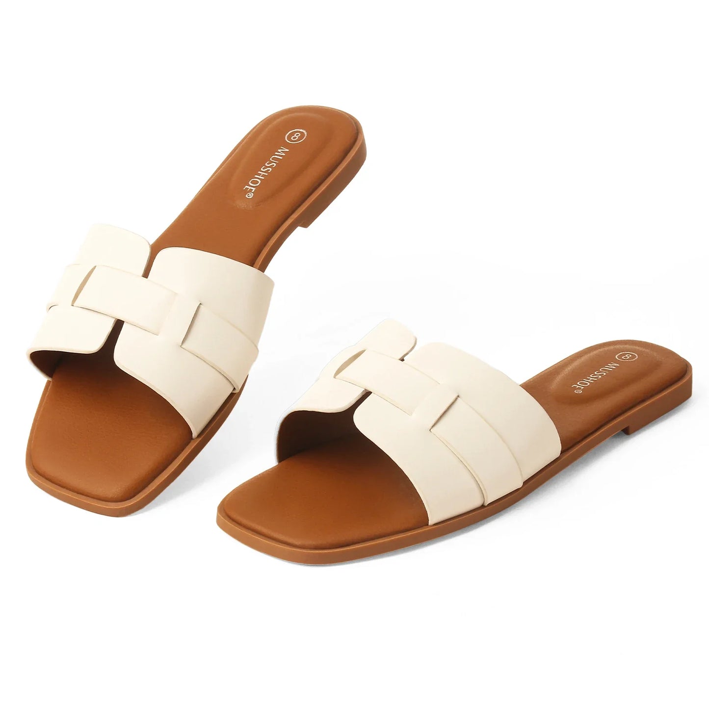 Square Headed PU Flat Sandals White PU