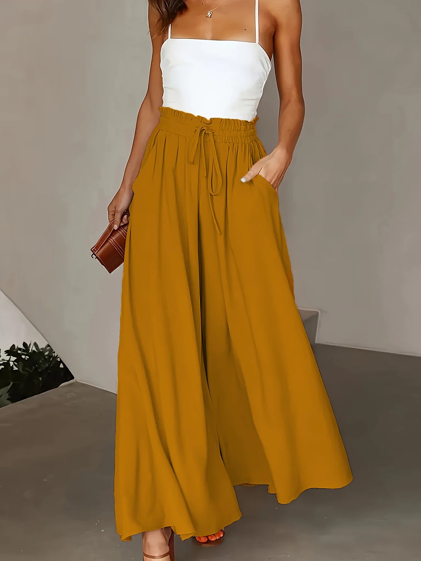 Elasticated waist wide leg trousers D173huang