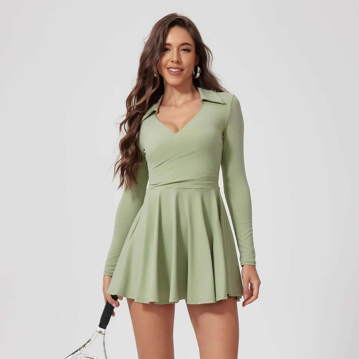 Tennis Sports Fitness Golf Badminton Long-Sleeved pleated dress Green