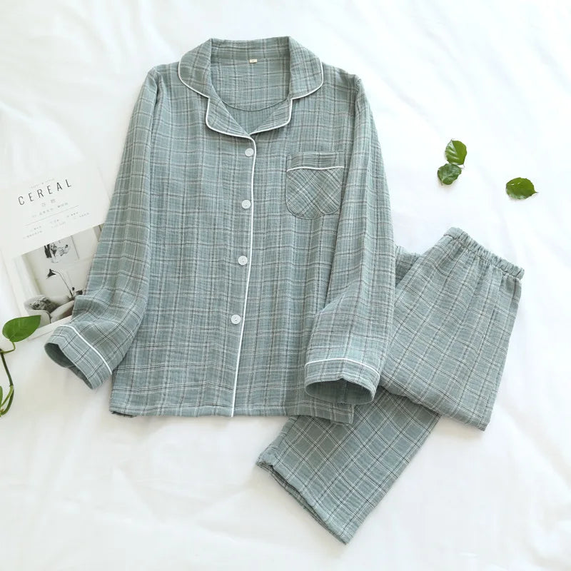 Cotton Crepe Long-Sleeve Simple pyjama lounge set Womens Green1