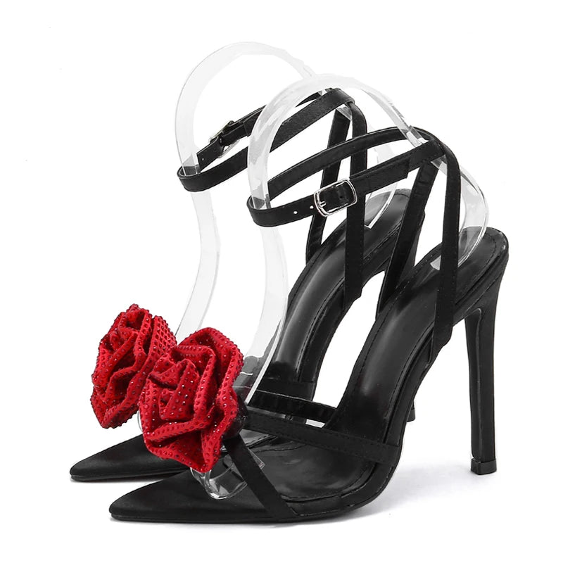 Crystal Flower Ankle Buckle Strap Thin Heel Denim Sandals Black