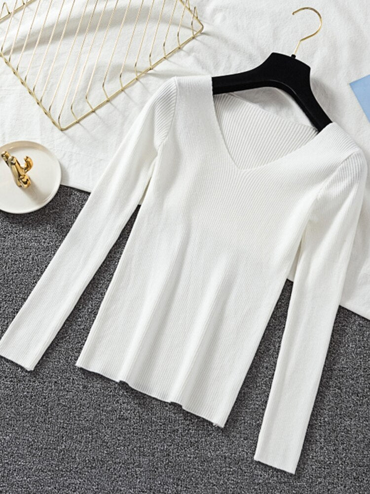 V-neck long sleeve Knitted Sweater Pullover Top
