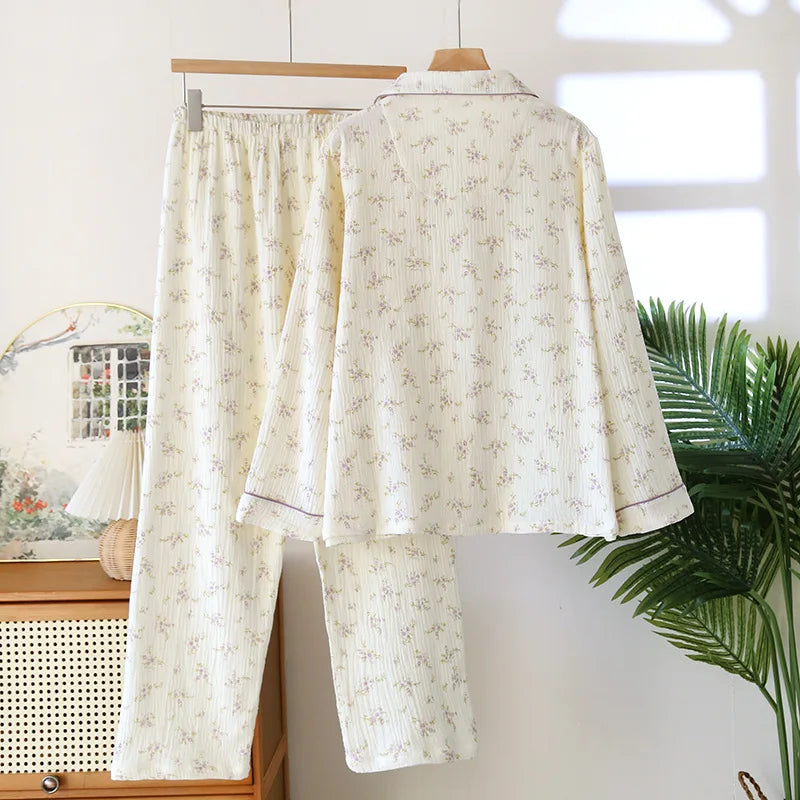 Cotton Long sleeved Flower print Crepe pyjama set