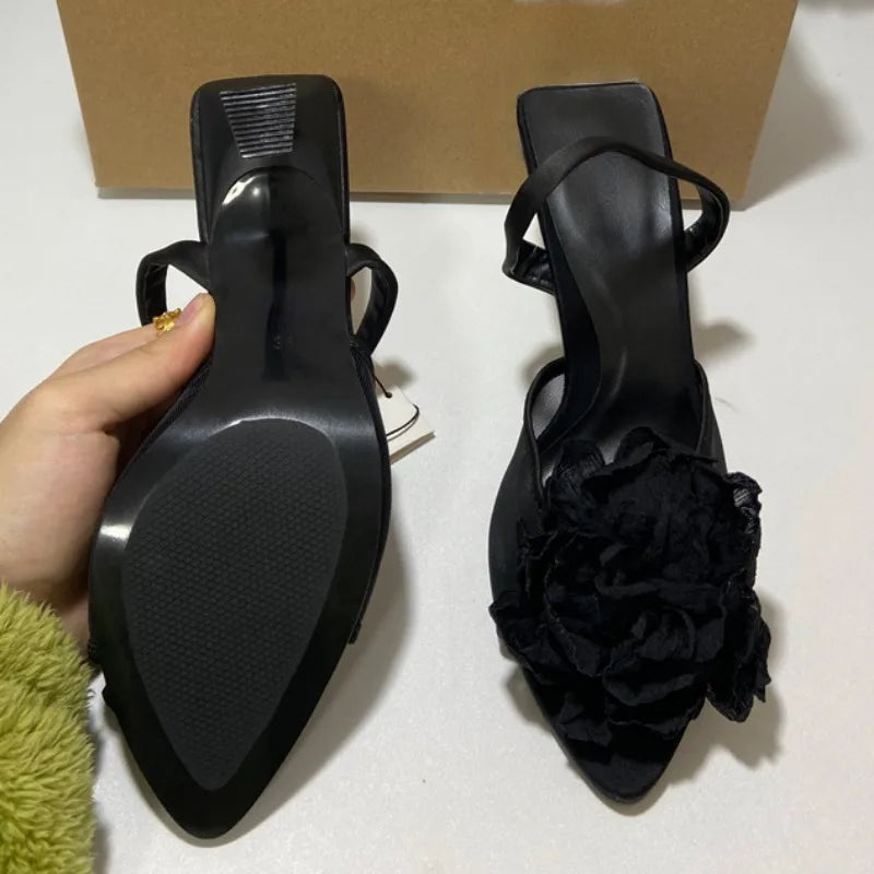 Black Rose mesh High Heel peep Toe heeled sandals