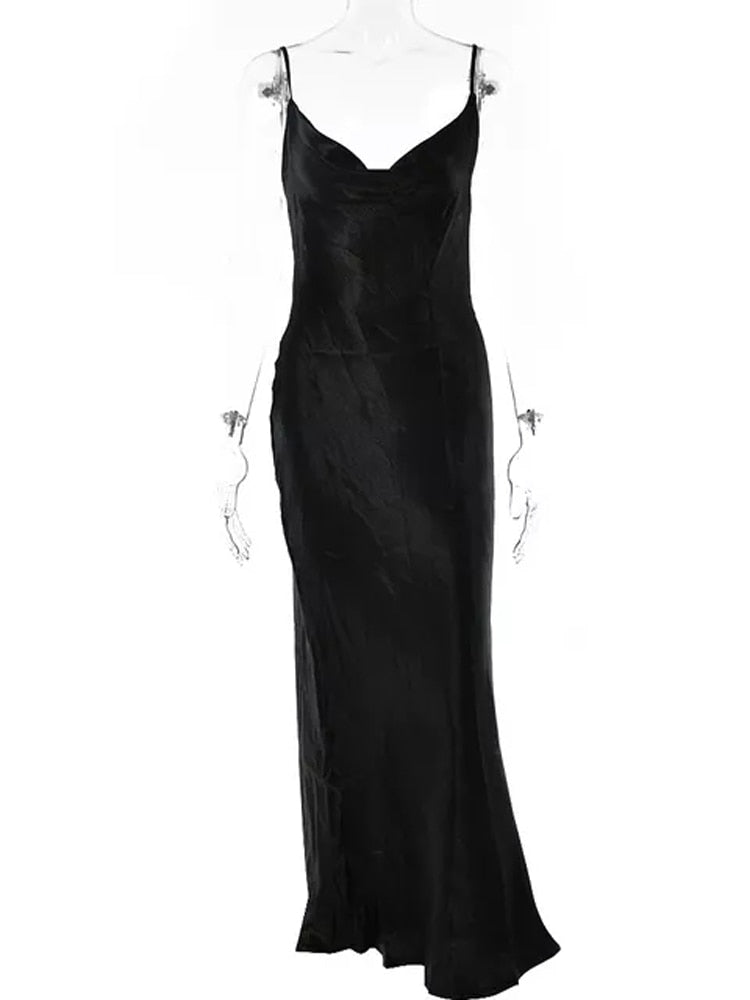 Women Satin open back Trumpet maxi Dress black