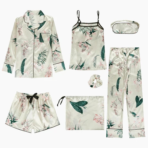 Spring Summer 7 Pcs satin Pajamas Set 88883 bai he