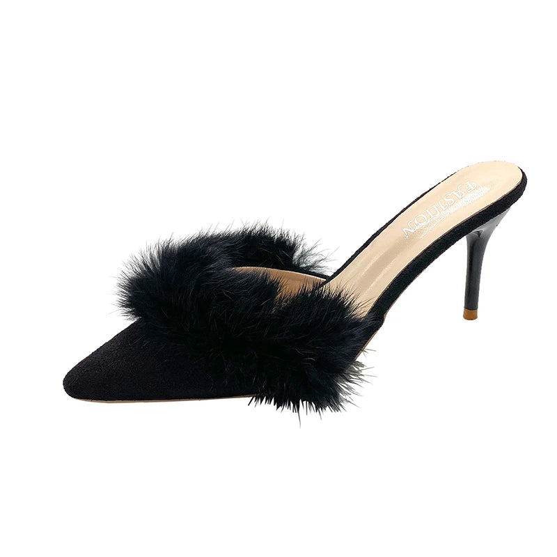 Kitten Heel with Fur Mules Shoes Black