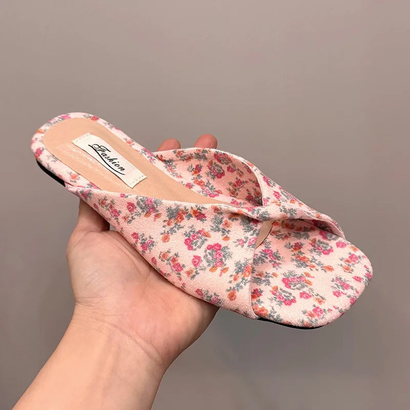 Open Toe pastel Color flat Sandals Floral