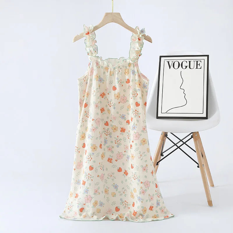 Cotton Crepe ruffles Sling Thin Sleeveless lounge pyjama night dress 01