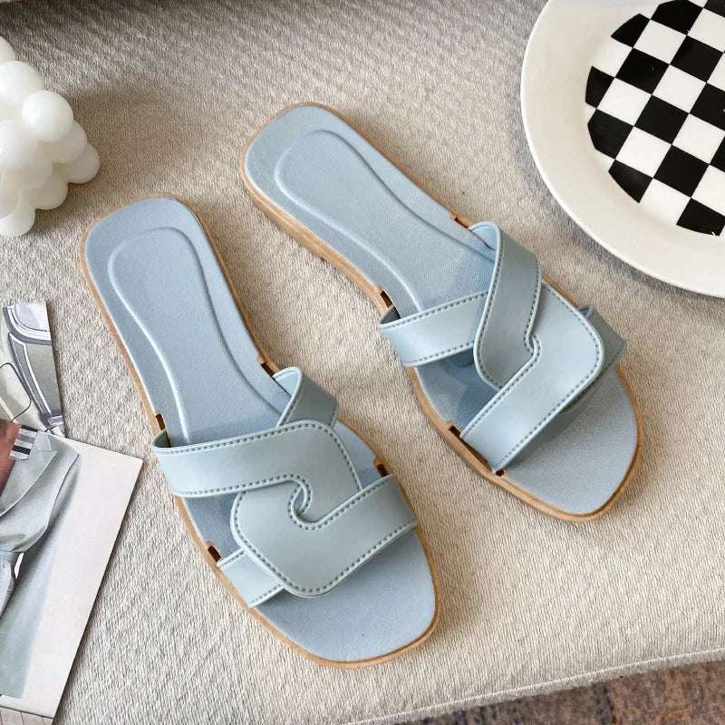 Summer Women's slip on sliders flat sandals Cross belt light blue