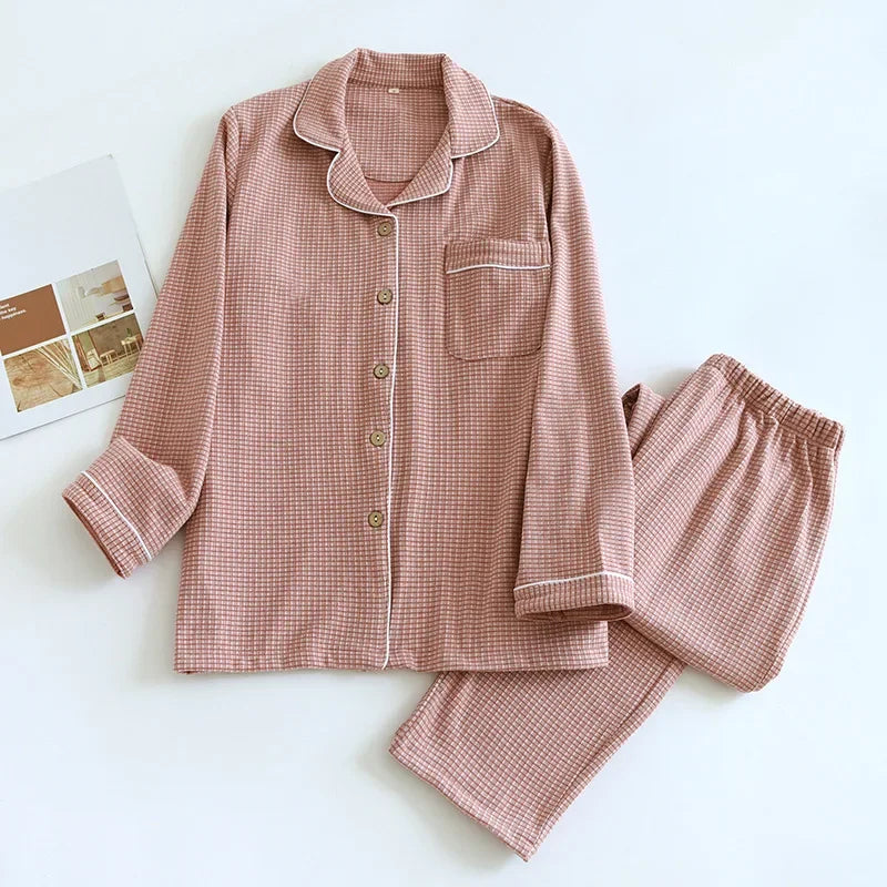 Checkered Long Sleeve Warm Classic pyjamas for couples Pink (woman)