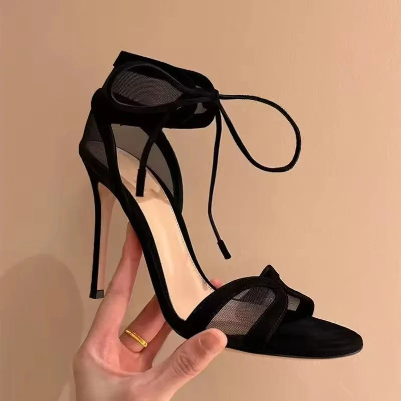 Hollow cut Out Mesh Narrow Band Ankle Strap high heel Sandals