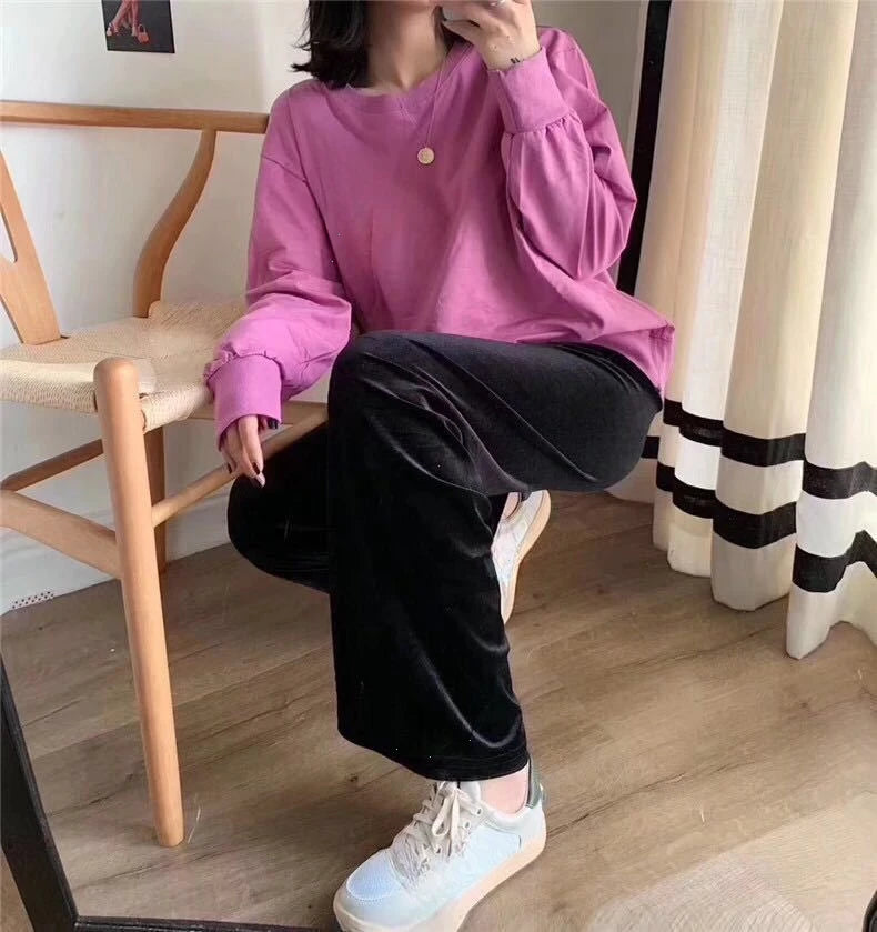 Velvet Wide Leg Trousers Black One Size