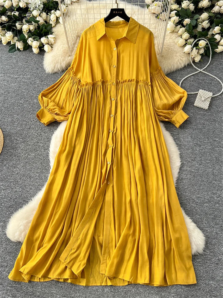 Vintage Loose Lantern Sleeve Dress yellow One Size