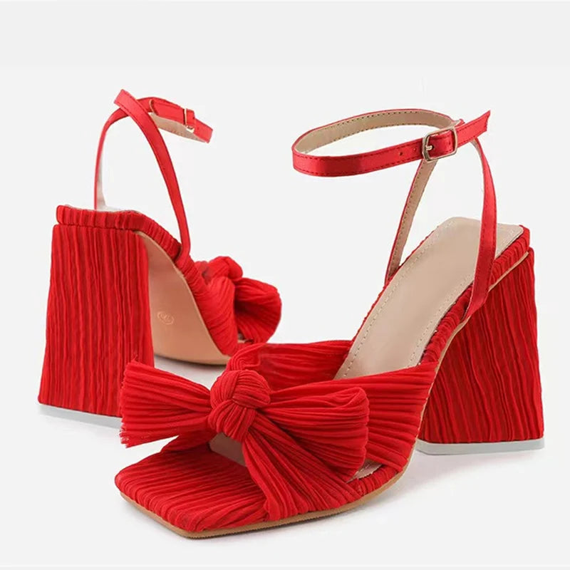 Womens bowknot Buckle Strap crepe fabric High Heel sandals Red