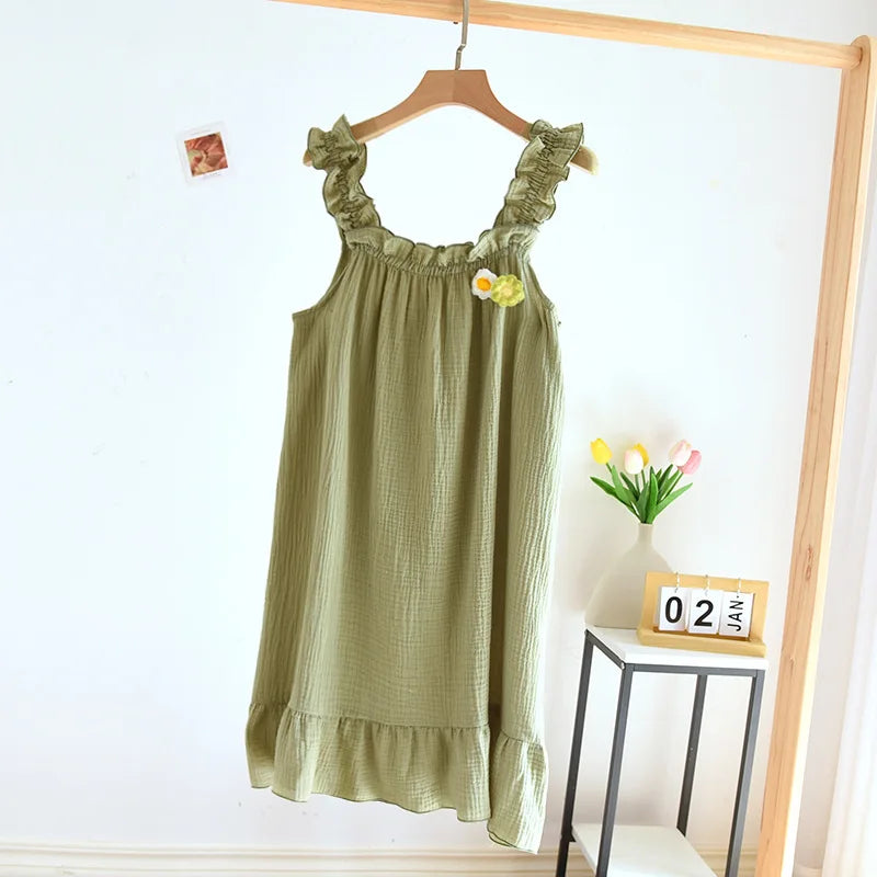 Cotton solid color floral ruffles lounge pyjama night dress Green