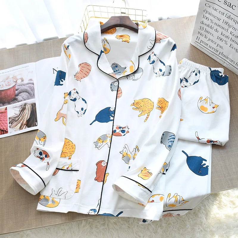 Fresh cotton long-sleeve pyjamas Kitten set