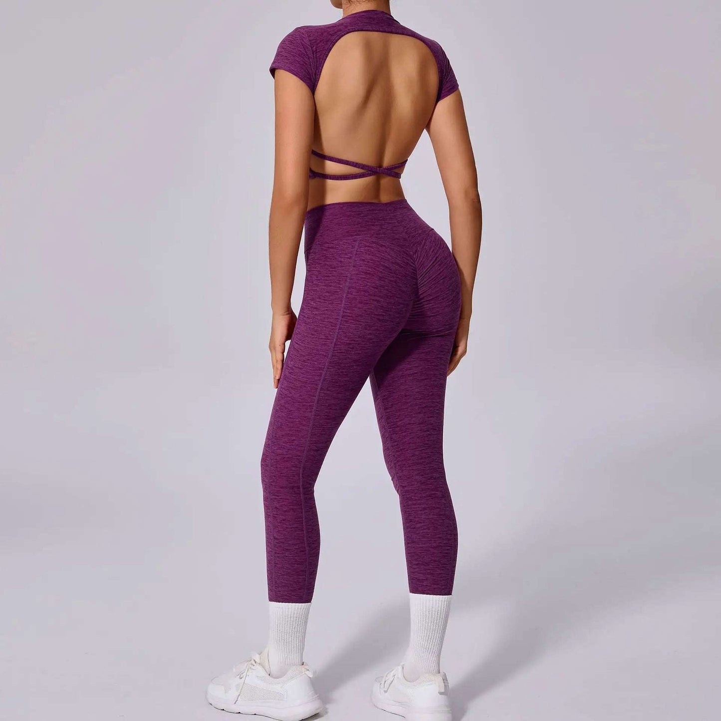 Short sleeve crop & high waist Workout Sportswear leggings set deep purple