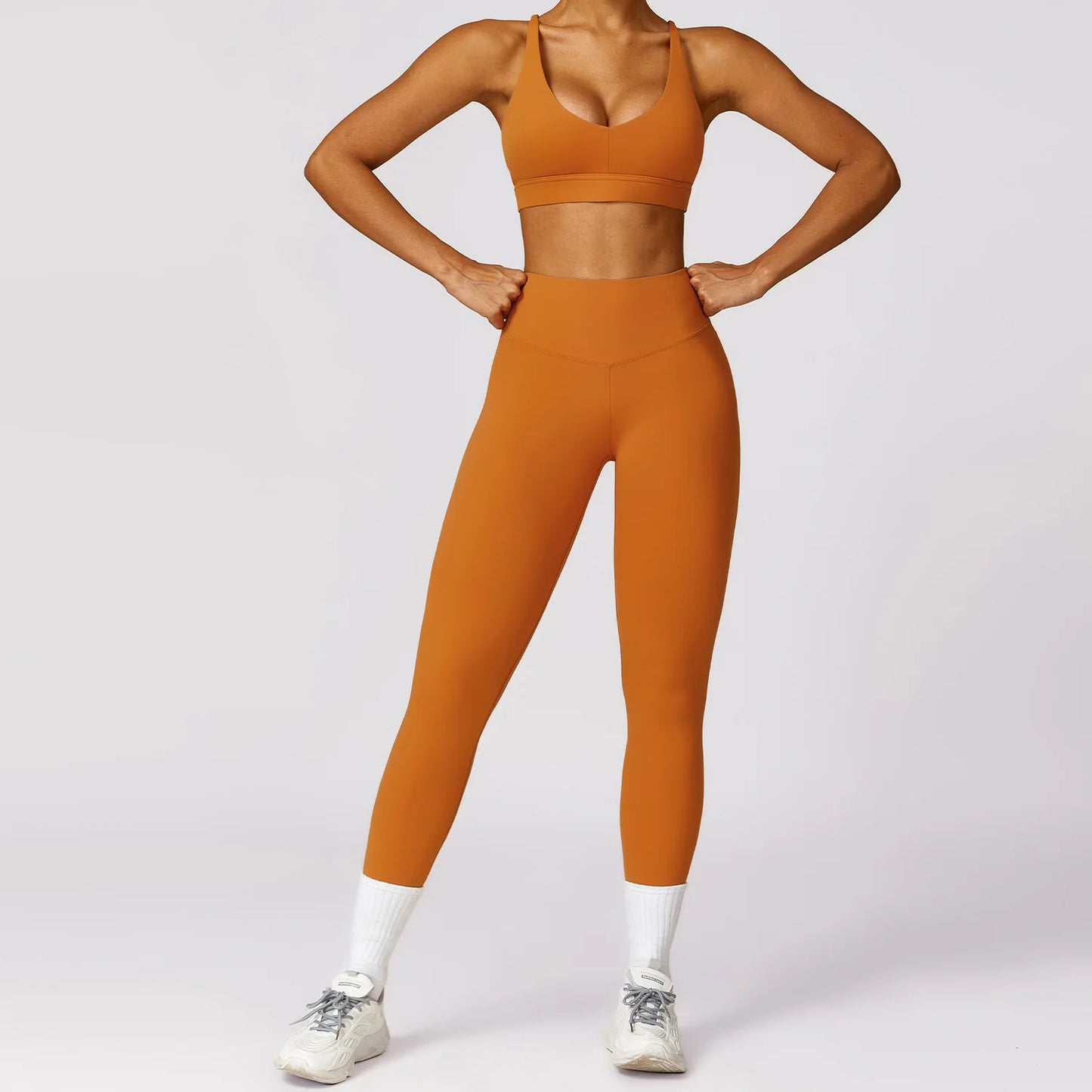 Short sleeve round neck Crop & High Waist Leggings set Earl Orange Set-2
