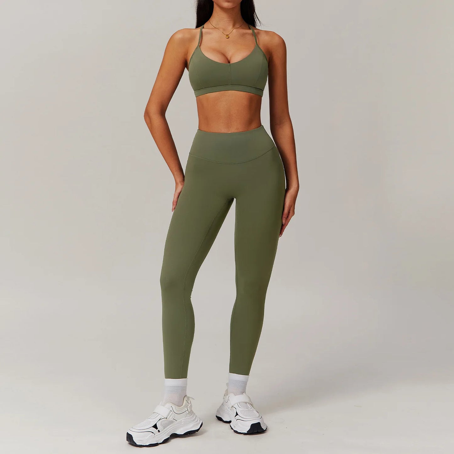 2PCS Workout gym clothes set Military Green Set 4