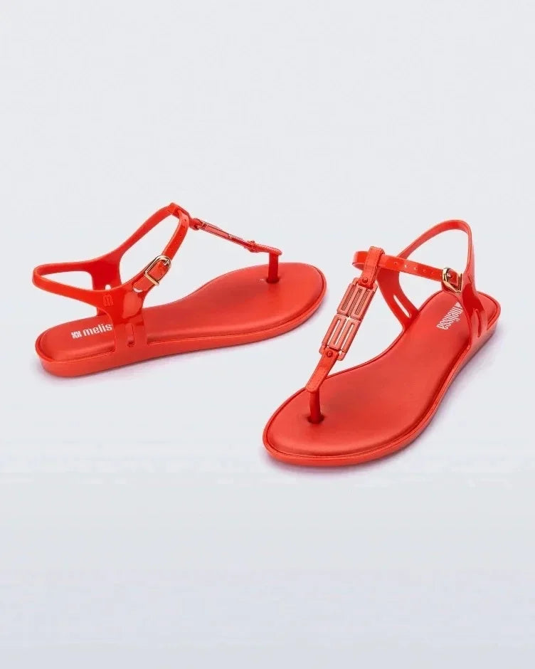 Casual Simple Flat gold decoration toe post Sandals Orange-Red