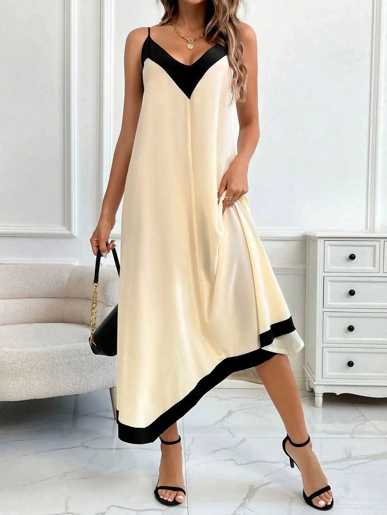 Asymmetrical Semi-Sheer v-neck Midi Dress