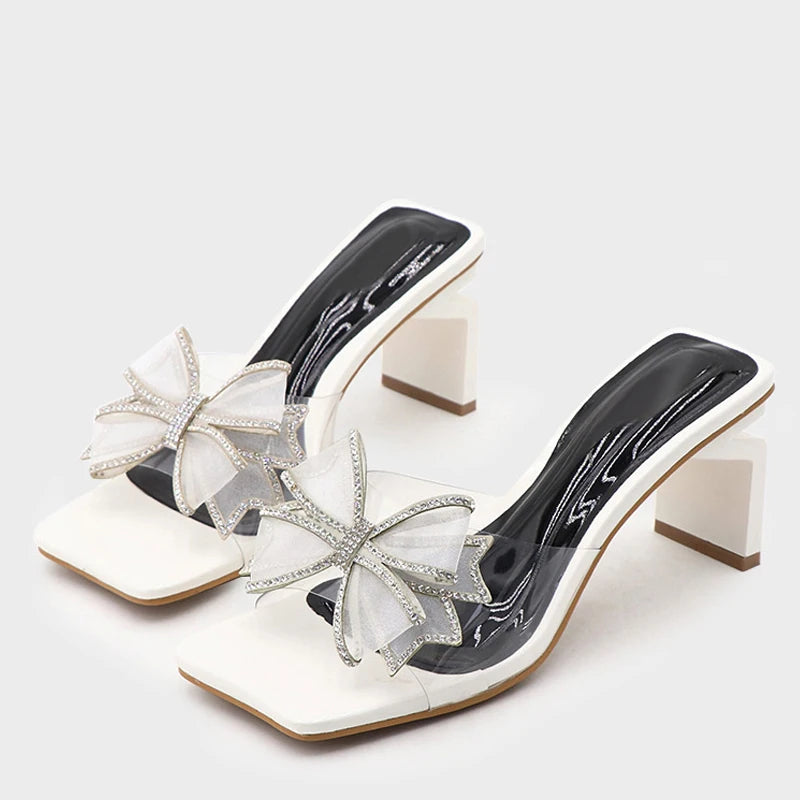Women bownot quirky Low Square Heels White