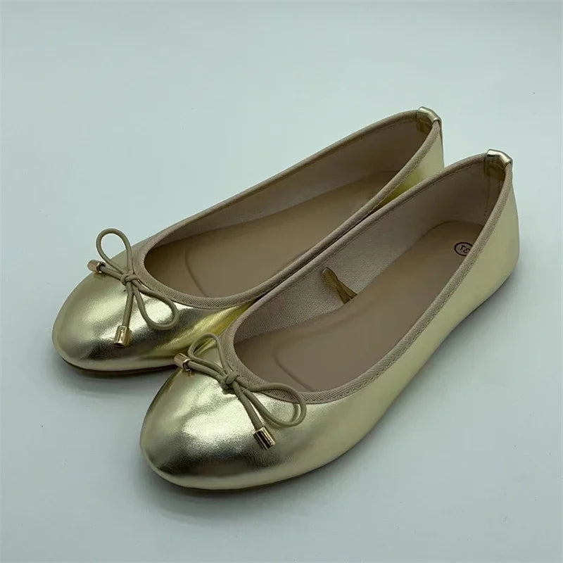 Gold Silver Elegant Bowknot Round Toe Flat shoes Gold
