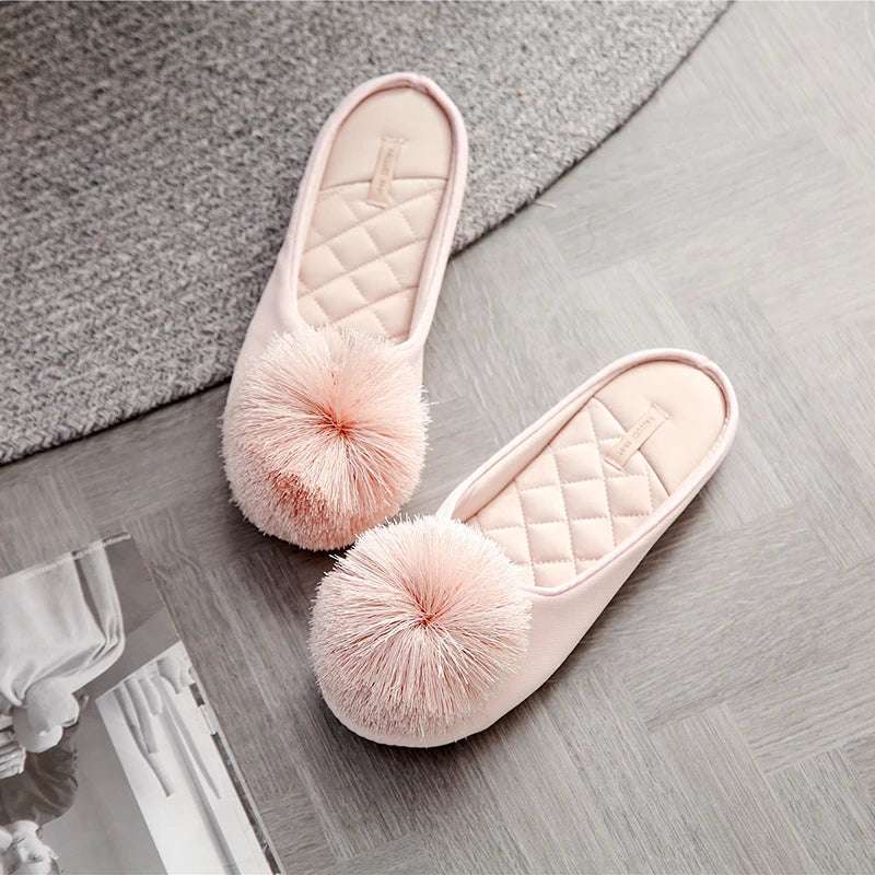 Pom-pom Women's Satin Slippers pink 2