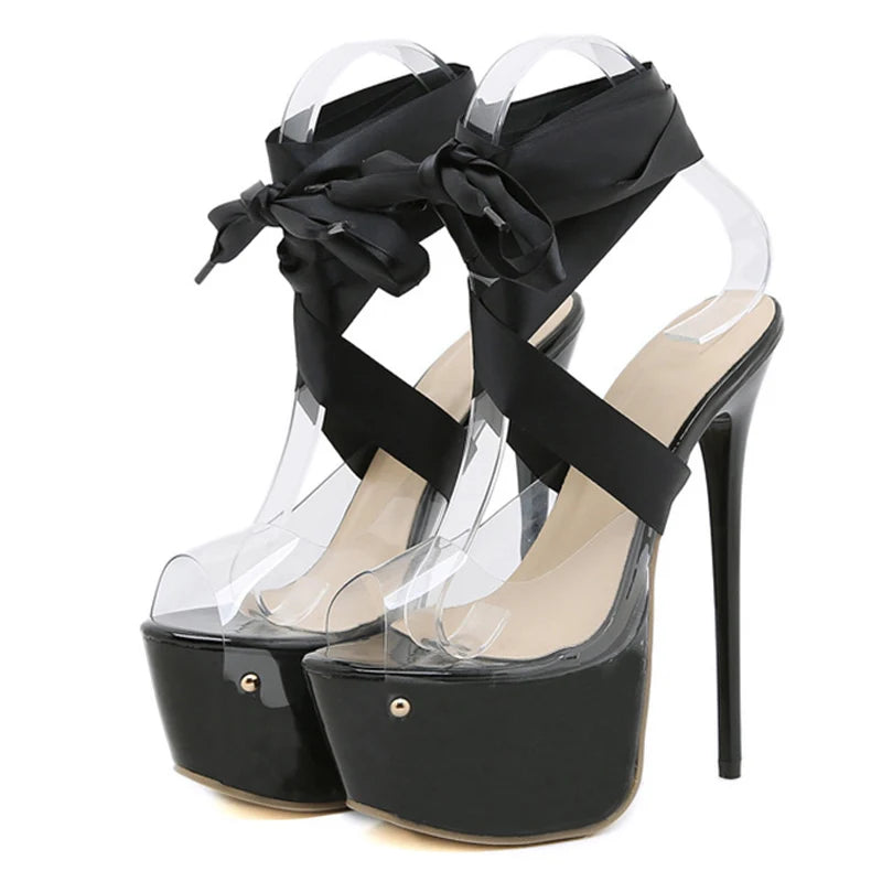 Ribbon Lace-Up high heel Platform Sandals Black
