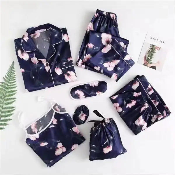 Print satin Seven Piece pyjama Set Navy Blue Flower