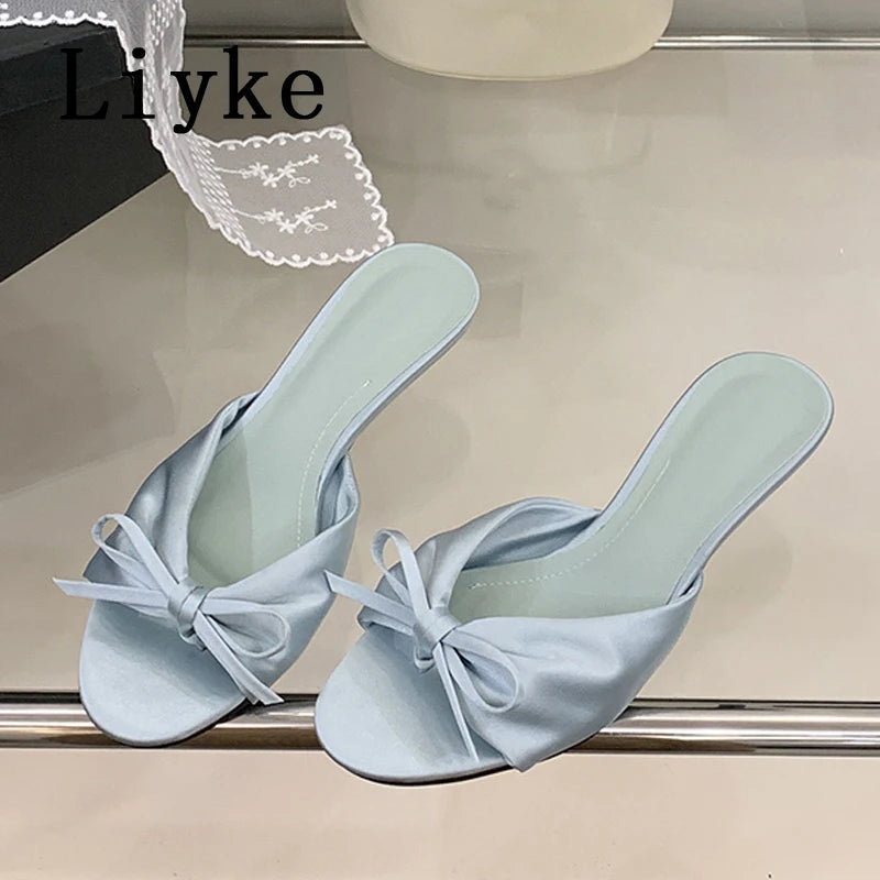 Bowknot Open Toe bowknot Low Thin Heel Sandals Blue