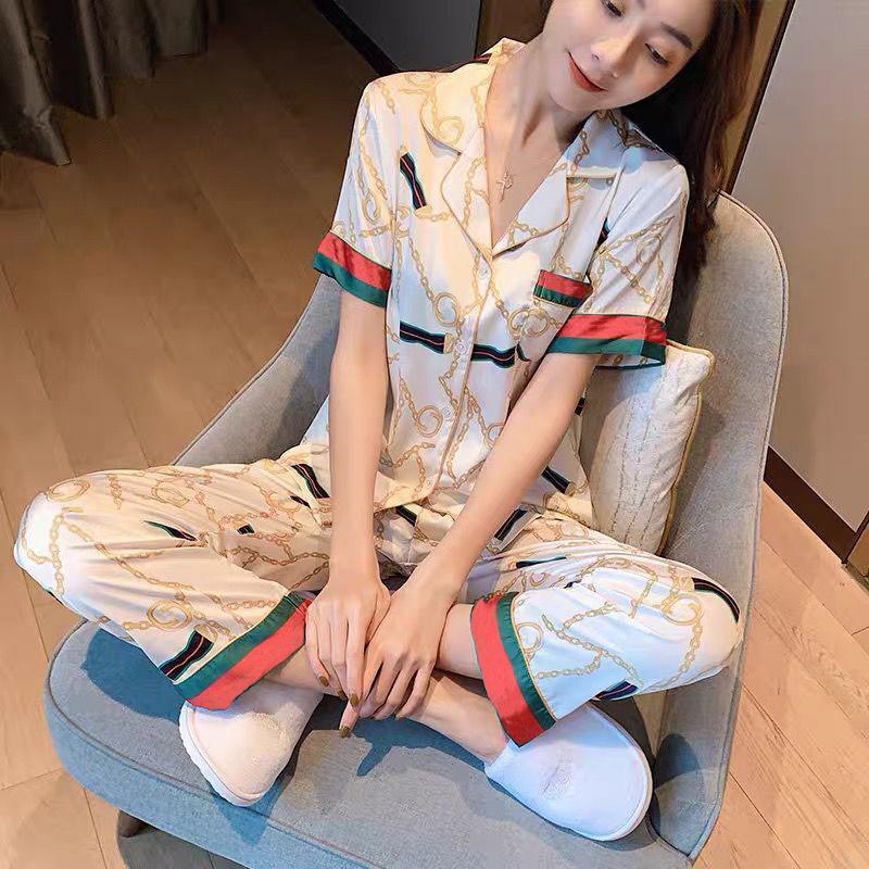 Plus Size Long Sleeve Long Pants Pajamas Set short sleeve white B