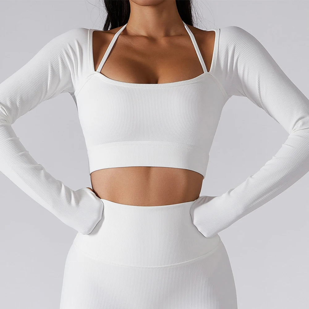 Padded Long Sleeve Seamless Gym Workout Top White